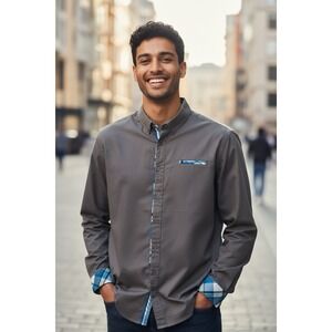 Tomsware Grey Button-Down Collar Shirt Plaid Accents Large